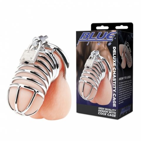 חגורת צניעות כלוב ממתכת לאיבר המין של הגבר Blue Line - Deluxe Chastity Cock Cage